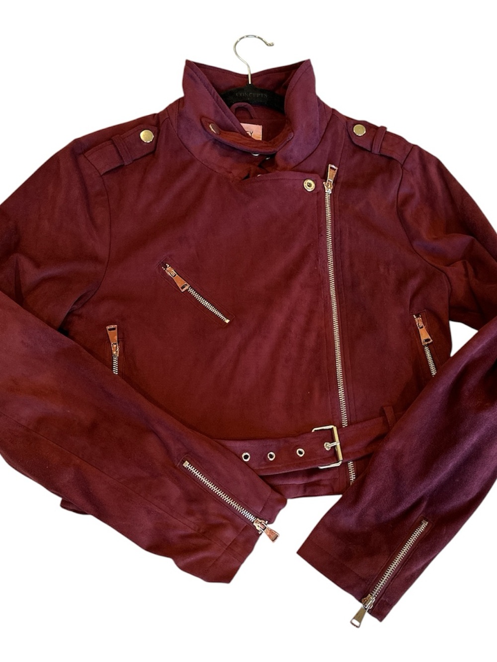 Ashley Outerwear Burgundy Biker Jacket Size L Short Lined Zip Belted Collar